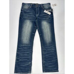 True Luck Jeans Mens 34x30 Blue Denim Bootcut Stretch Embroidered Whiskering